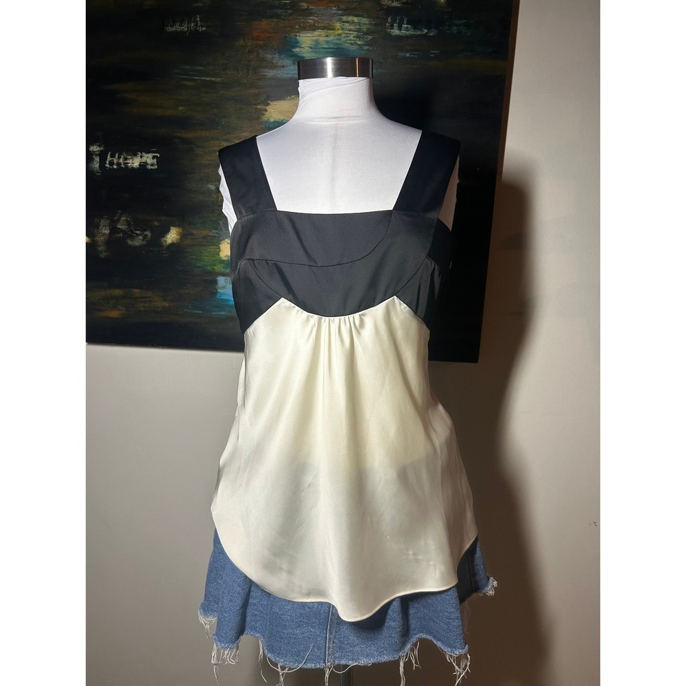 Nine West Sleeveless Blouse 6 Black Cream Colorblock Satin Finish Top
